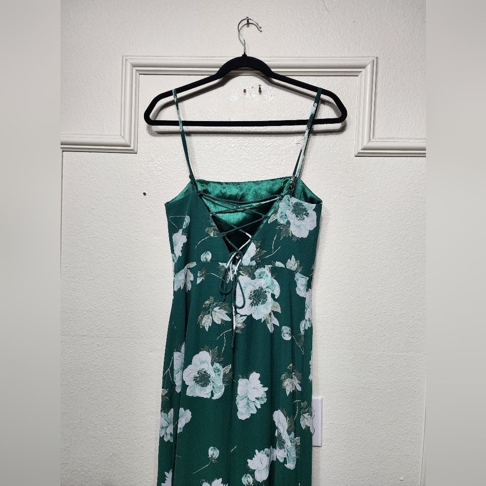 Lulus Feeling Elegant Green Floral Print Lace-Up Slit Maxi Dress S Wedding Party - Picture 10 of 11